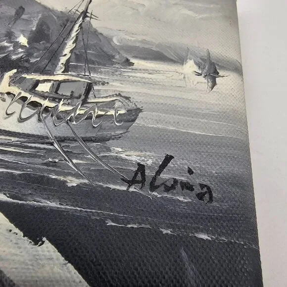 Vintage Painting Canvas Signed Small Water Scene Harbor Boat Landscape Grayscale - Picture 5 of 10